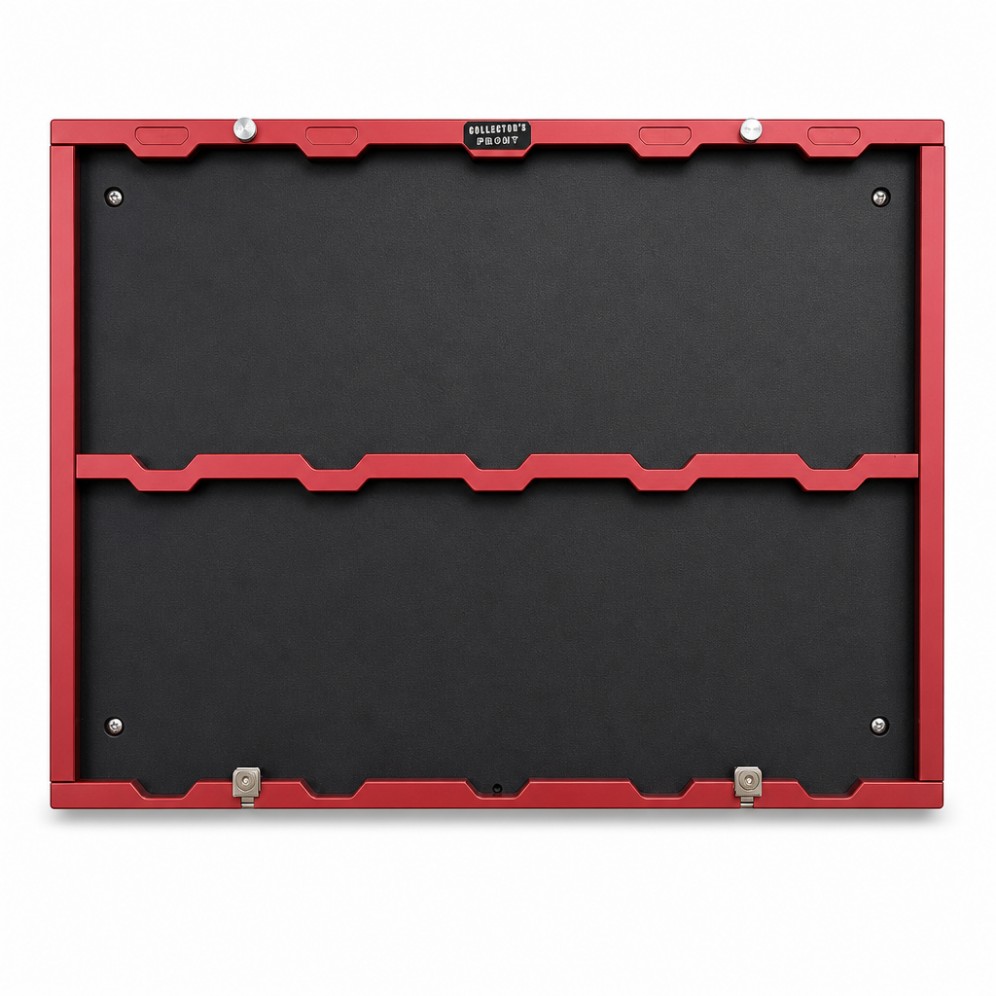 Collectors Front display in red anodized aluminum showing 6061 aluminum frame and precision build quality