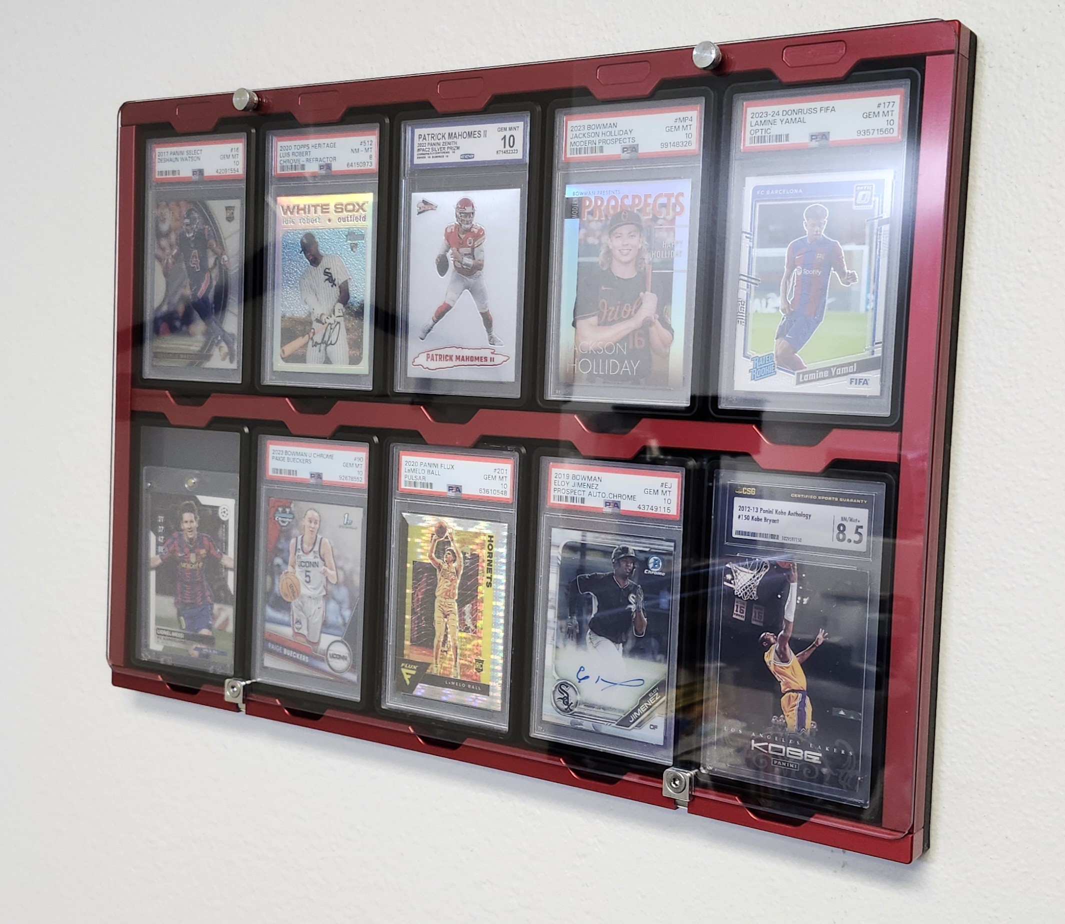 Collectors Front 10-Card PSA Slab Display in black anodized aluminum, wall-mounted with graded sports cards